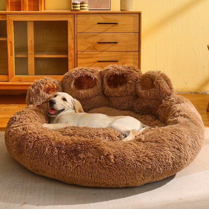 STORAZONE Pet Accessories Dog Bed Cat Mat Round Large Pet House Long Plush Deep Sleeping Warm Bear Paw Shape Super Soft Cushion Calm Beds