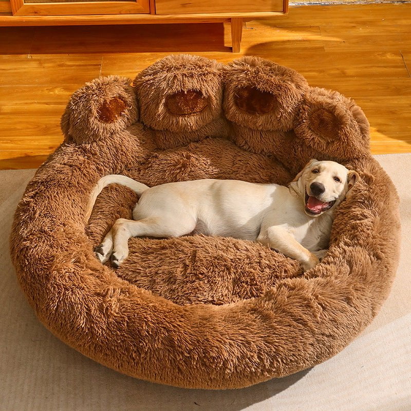 STORAZONE Pet Accessories Dog Bed Cat Mat Round Large Pet House Long Plush Deep Sleeping Warm Bear Paw Shape Super Soft Cushion Calm Beds