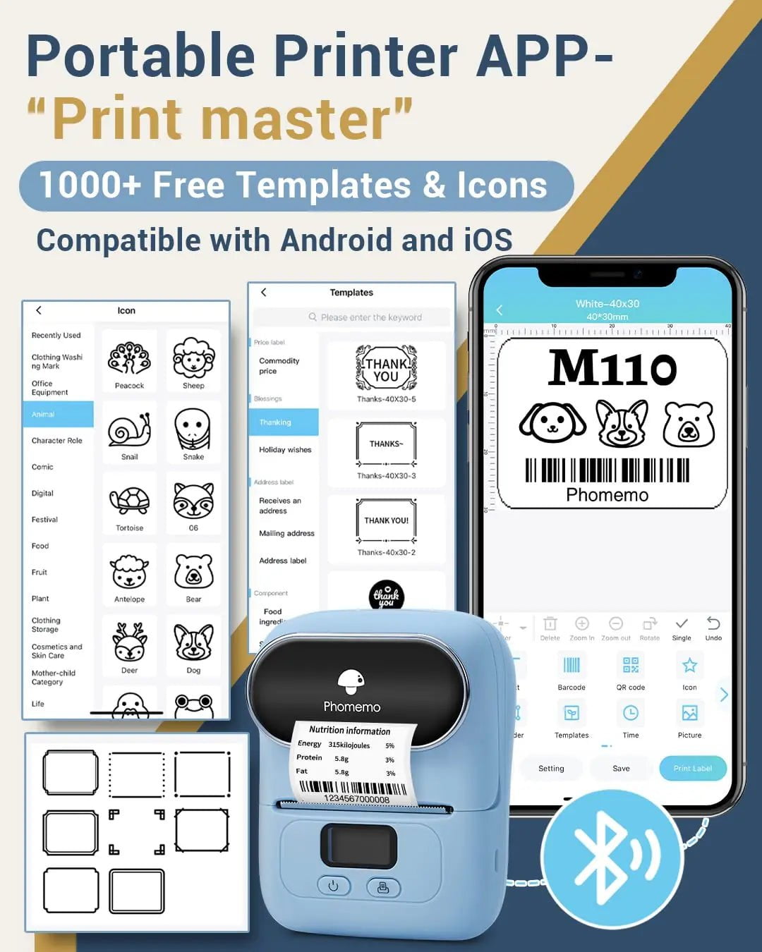 Storazone Phomemo M110 Thermal Wireless Label Printer Sticker Mini Printer Barcode Bluetooth Label Maker Price Tag Printers Free APP