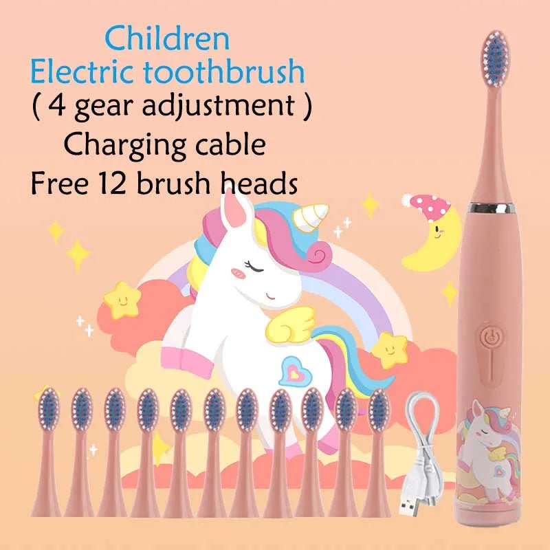 Storazone Pink 12 Head Children Sonic Electric Toothbrush Colorful Cartoon For Kids Rechargeable Soft Fur Automatic Waterproof With Replacement Head