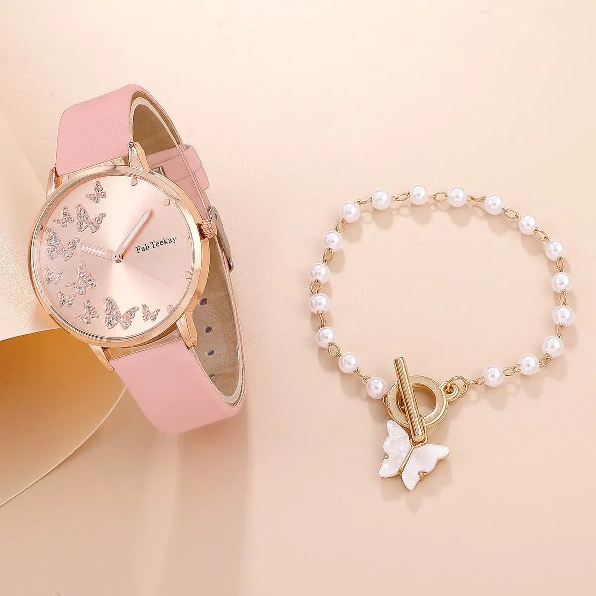 Storazone Pink 2pcs Set Womens Butterfly Watches Ladies Fashion Watch New Simple Casual Women Analog WristWatch Bracelet Gift