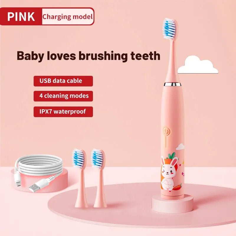 Storazone Pink 3 Head Children's Electric Toothbrush Colorful Cartoon With Replacement Heads Ultrasonic Rechargeable Soft Hair Cleaning Brush for Kids