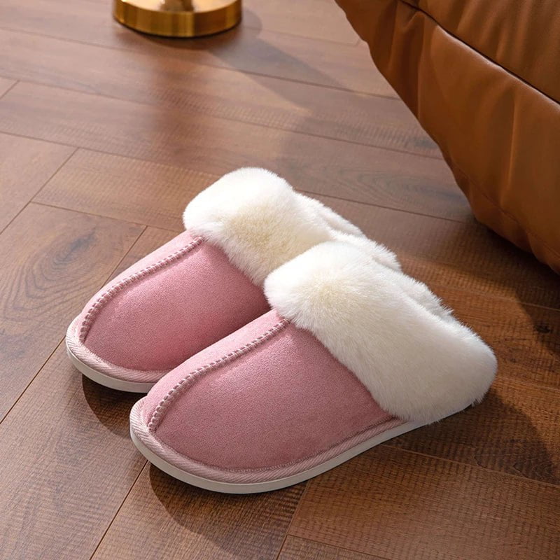 Storazone Pink / 36-37(fit 35-36) 2023 Winter Warm Flat Fur Slippers Women Faux Suede Fluffy Furry Home Slides Woman Comfort Non Slip Indoor Floor Cotton Shoes