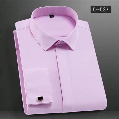 Storazone Pink / 38 French Shirts Covered Button Solid Plain Long Sleeve Business Party Tuxedo Men Dress Shirt French Cuff Cufflinks No Chest Pocket