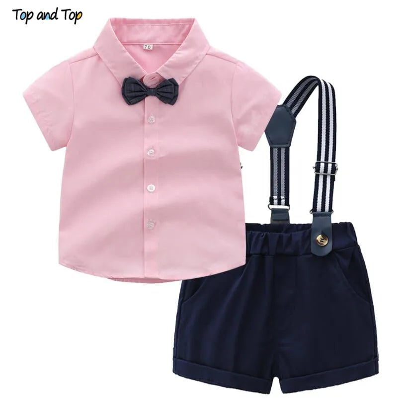 Storazone Pink / 3M Baby Boy Gentleman Clothes Set Summer Suit For Toddler Striped Shirt with Bow Tie+Suspenders White Shorts Formal Boys Clothes