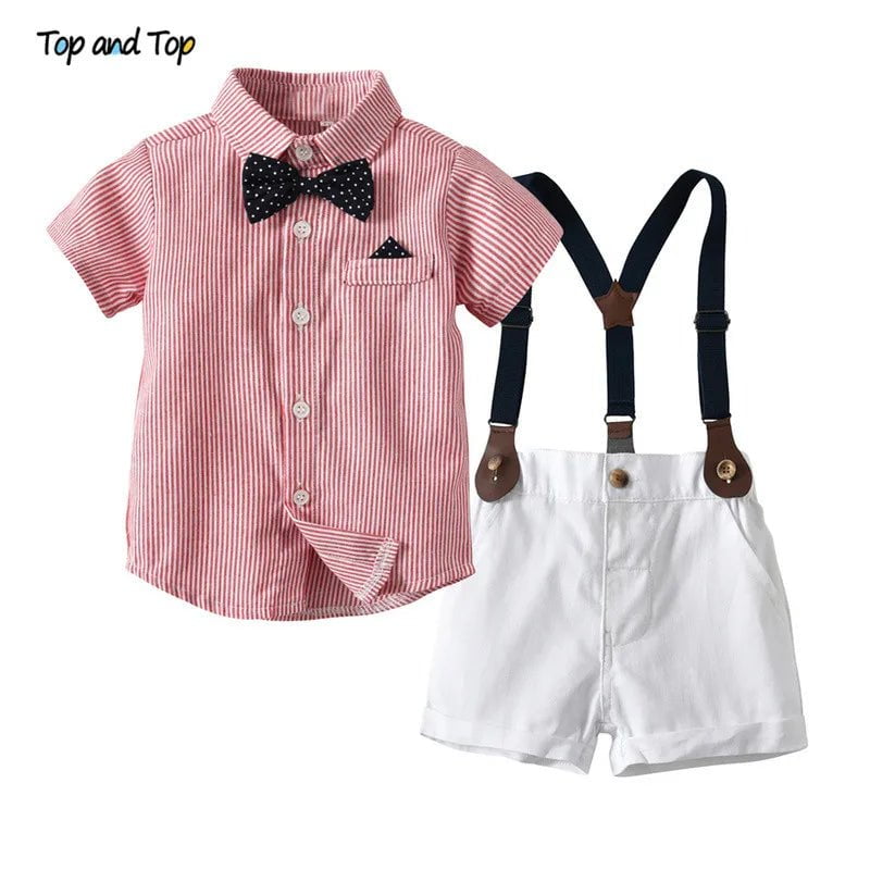 Storazone Pink / 3T Top and Top Summer Fashion Children Boys Clothes Sets Short Sleeve Striped Shirt+Overalls Casual Gentleman Suit Bebe