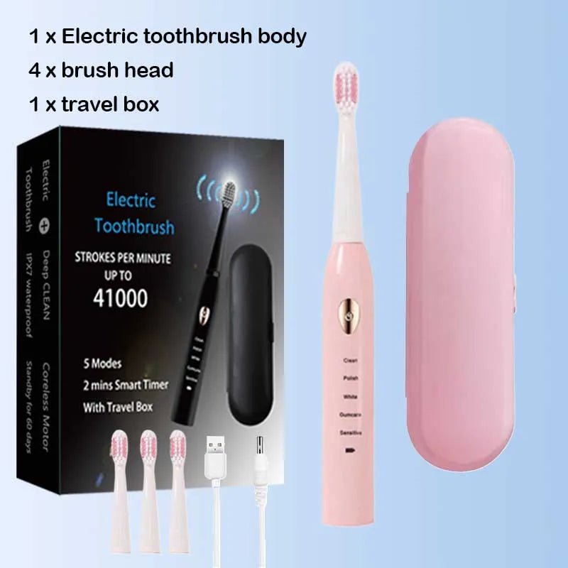 Storazone Pink 4head 1BOX / CHINA Ultrasonic Sonic Electric Toothbrush For Adult Rechargeable Tooth Brushes Washable Electronic Whitening Teeth Brush Timer Brush