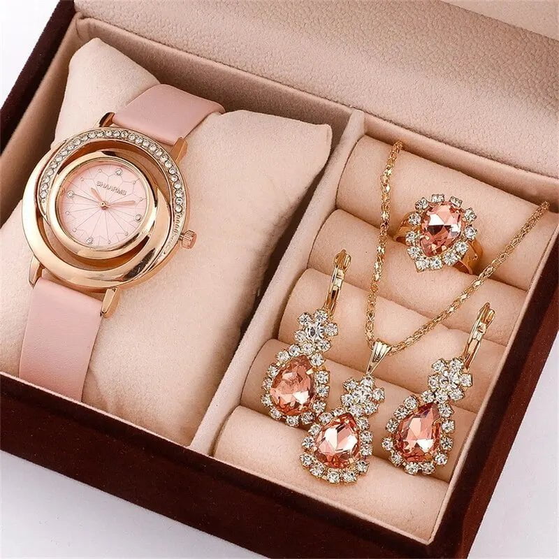 Storazone Pink 5PCS Set Luxury Watch Women Ring Necklace Earring Rhinestone Fashion Wristwatch Casual Ladies Watches Set Clock