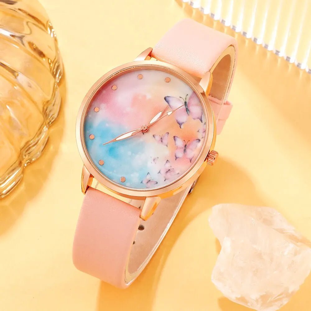 Storazone Pink 5pcs Set Women Watch Gift Box Butterfly Dial Leather Band Ladies Watch Simple Casual Womens Analog WristWatch Montre Femme