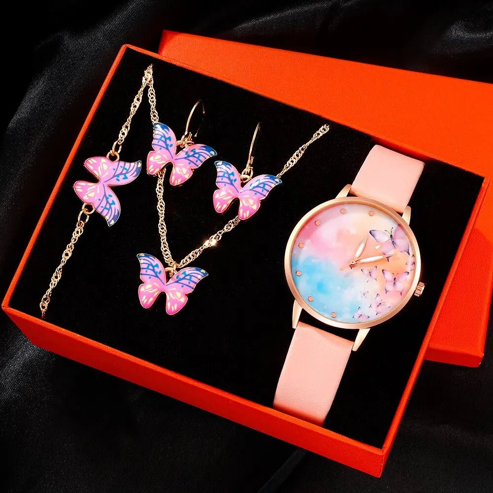 Storazone Pink 5pcs Set Women Watch Gift Box Butterfly Dial Leather Band Ladies Watch Simple Casual Womens Analog WristWatch Montre Femme