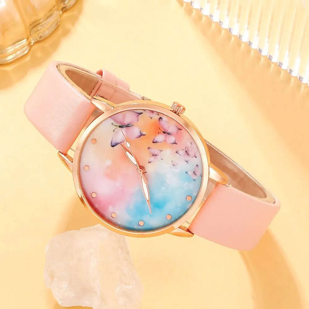 Storazone Pink 5pcs Set Women Watch Gift Box Butterfly Dial Leather Band Ladies Watch Simple Casual Womens Analog WristWatch Montre Femme