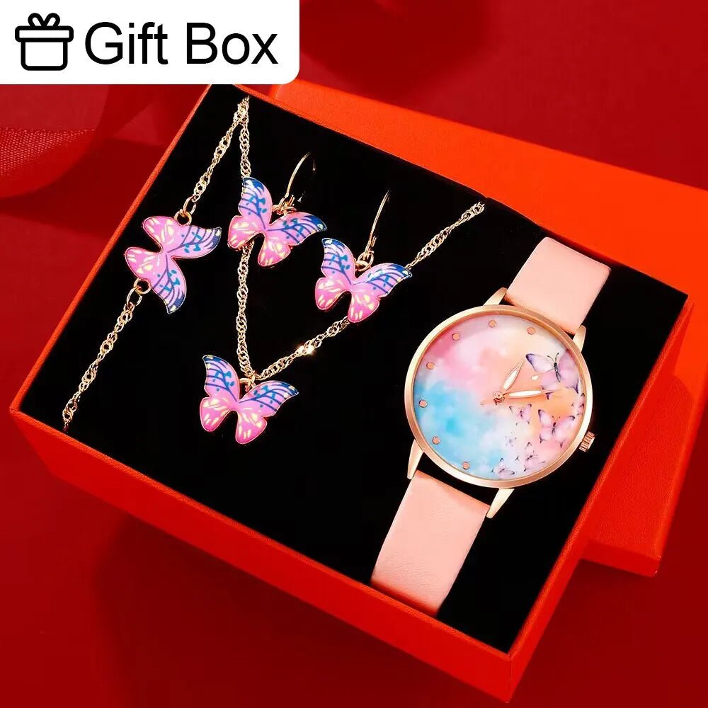 Storazone Pink 5pcs Set Women Watch Gift Box Butterfly Dial Leather Band Ladies Watch Simple Casual Womens Analog WristWatch Montre Femme