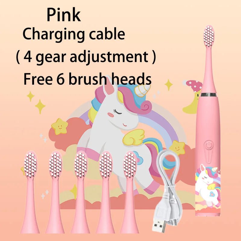 Storazone pink 6 Head Children Sonic Electric Toothbrush Colorful Cartoon For Kids Rechargeable Soft Fur Automatic Waterproof With Replacement Head