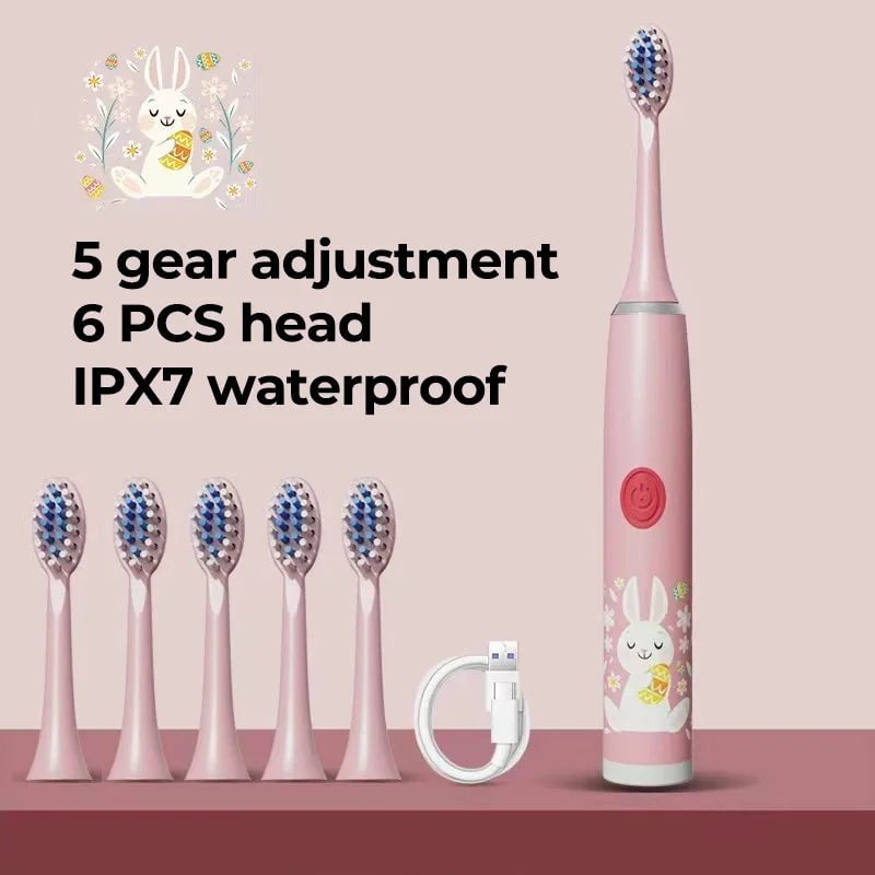 Storazone Pink 6 Head Children Sonic Electric Toothbrush Colorful Cartoon For Kids Rechargeable Soft Fur Automatic Waterproof With Replacement Head