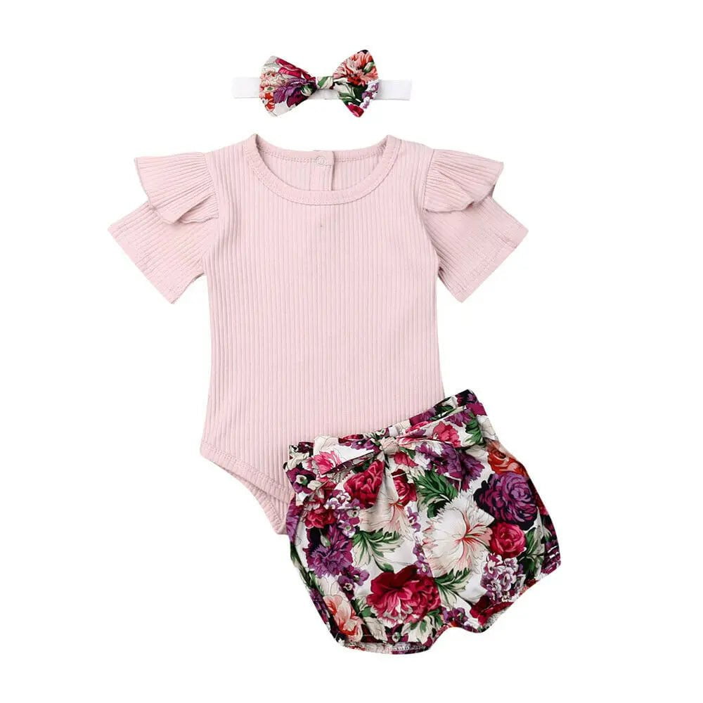 Storazone Pink / 6M 2019 Baby Summer Clothing Newborn Infant Baby Girl Boys Clothes Sets Solid Ribbed Romper+Floral PP Shorts+Headband 3Pcs Outfit