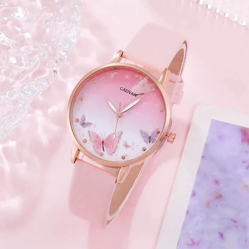 Storazone Pink 6PCS Set Women Fashion Quartz Watch Female Clock Pink Butterfly Dial Luxury Brand Design Ladies Leather Wrist Watch Montre Femme