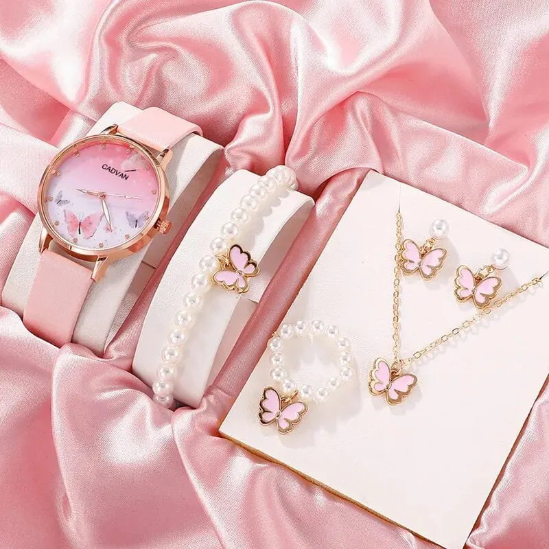 Storazone Pink 6PCS Set Women Fashion Quartz Watch Female Clock Pink Butterfly Dial Luxury Brand Design Ladies Leather Wrist Watch Montre Femme