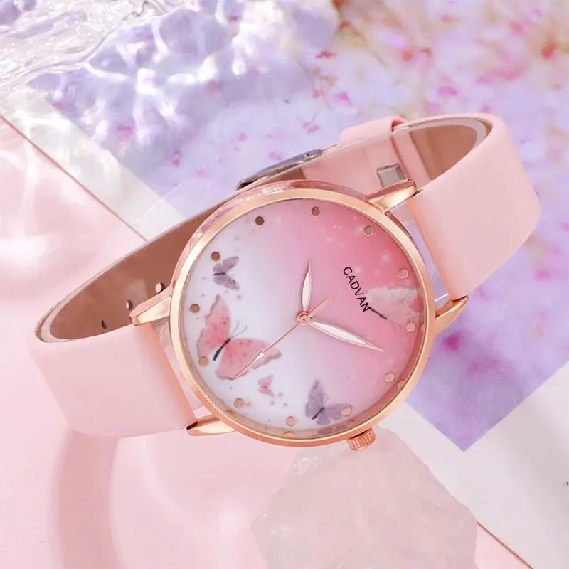 Storazone Pink 6PCS Set Women Fashion Quartz Watch Female Clock Pink Butterfly Dial Luxury Brand Design Ladies Leather Wrist Watch Montre Femme