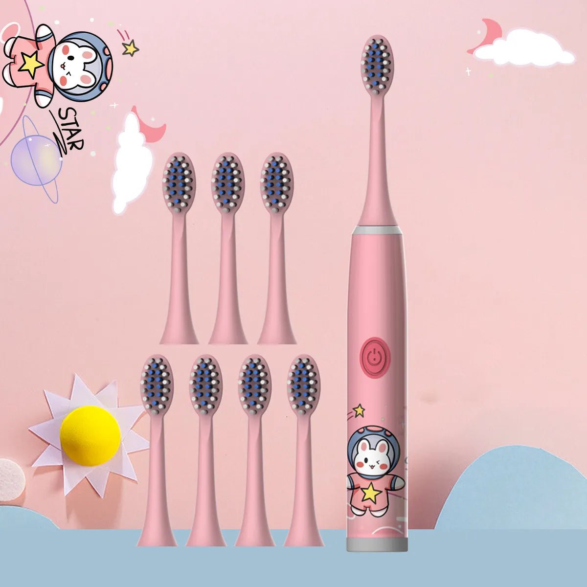 Storazone Pink-8PCS Children's electric toothbrush color cartoon ultrasonic children's soft hair cleaning brush (without batteries)