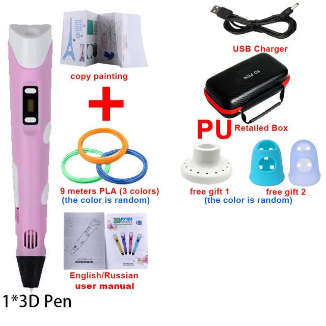 Storazone Pink-9m / Only USB 3D Printing Pen DIY Drawing Pens With 1.75mm PLA Filament Birthday Christmas Gifts For Kids Children With Power Travel Case