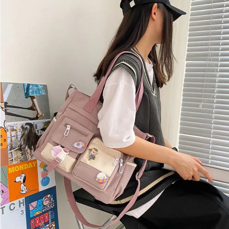 Storazone Pink Badge / 34X27X10cm Waterproof Canvas Women Handbags Shoulder Bag Nylon Ladies Messenger Bag Oxford Crossbody Bags Tote Book Bags for Girls Satchels