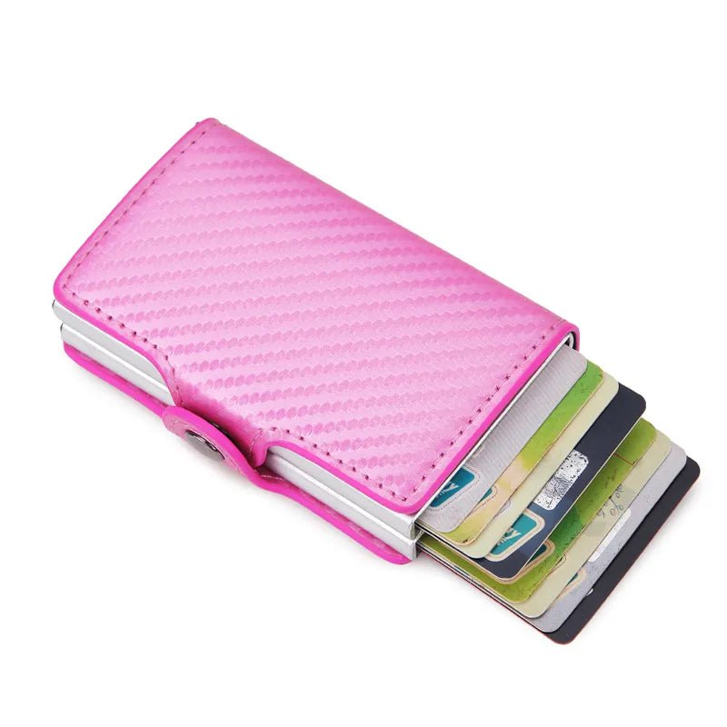 Storazone Pink Carbon Fiber Credit Card Holder Mens Double Anti Rfid Bank Cardholder Case Wallet Metal Business Bank Minimalist Wallet Gift