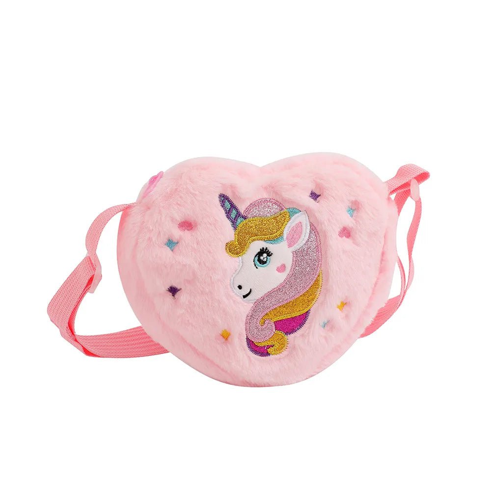 Storazone pink Children's Heart shaped  Shoulder Bag Unicorn Cartoon Plush Love Crossbody Bag Kindergarten Girls' Candy Storage Bag