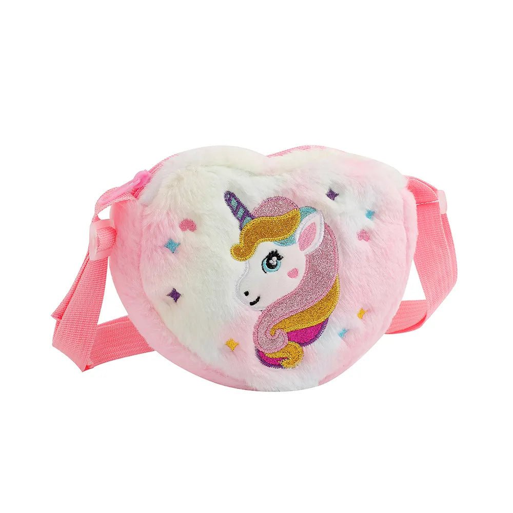 Storazone pink colorful Children's Heart shaped  Shoulder Bag Unicorn Cartoon Plush Love Crossbody Bag Kindergarten Girls' Candy Storage Bag