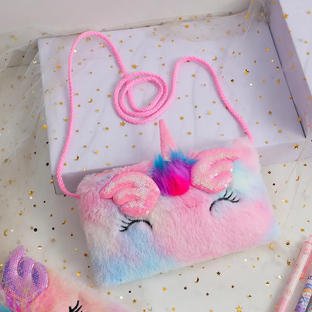 Storazone pink colorful Plush Unicorn Square Squint Shoulder Bag Cartoon Children's Plush Crossbody Bag Kindergarten Girls' Zero Wallet