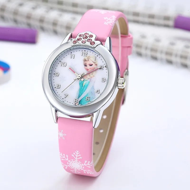 Storazone Pink Elsa Watch Girls Elsa Princess Kids Watches Leather Strap Cute Children's Cartoon Wristwatches Gifts for Kids Girl Frozen Clock