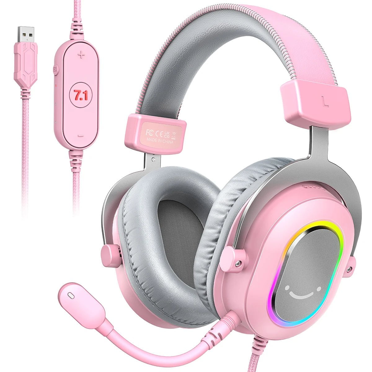 Storazone Pink FIFINE RGB Gaming Headset with 7.1 Surround Sound/3-EQ/MIC,Over-ear Headphone with In-line Control for PC PS4 PS5 Ampligame-H6W