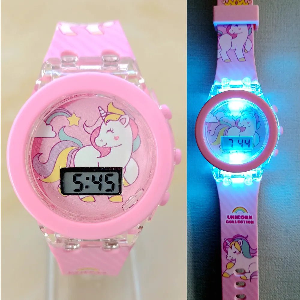 Storazone Pink Girls Kids Children Cartoon Unicorn Collection Digital Electronic Flash Glow Up Light Colourful Birthday Party Gifts Watches