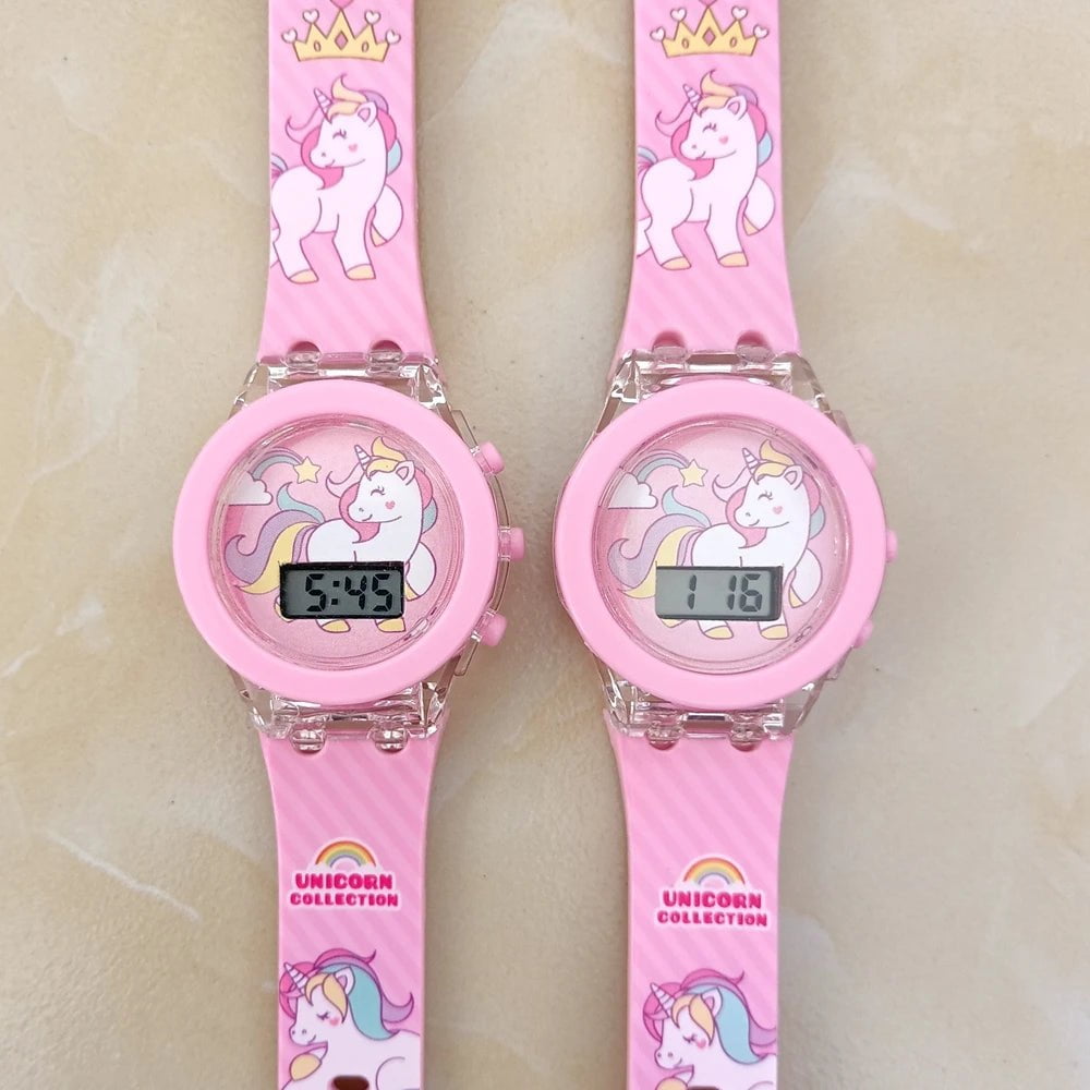 Storazone Pink Girls Kids Children Cartoon Unicorn Collection Digital Electronic Flash Glow Up Light Colourful Birthday Party Gifts Watches