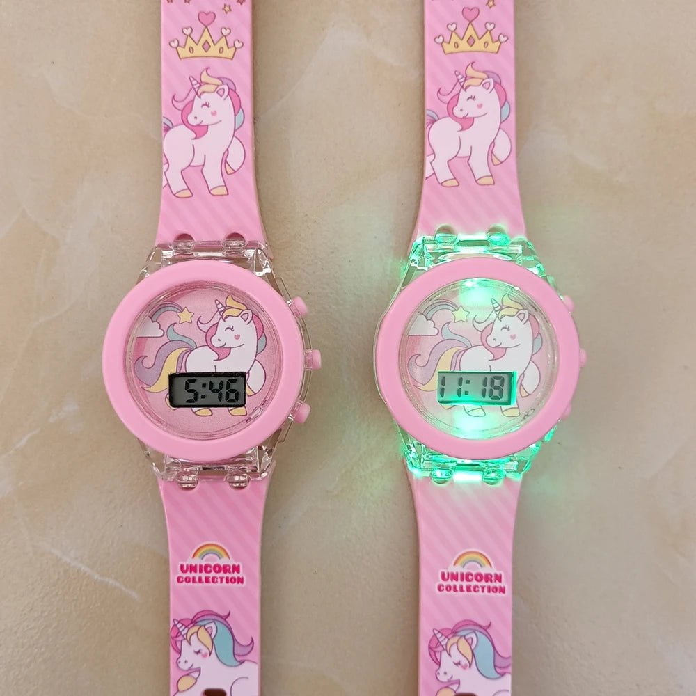 Storazone Pink Girls Kids Children Cartoon Unicorn Collection Digital Electronic Flash Glow Up Light Colourful Birthday Party Gifts Watches