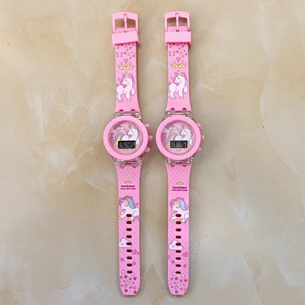 Storazone Pink Girls Kids Children Cartoon Unicorn Collection Digital Electronic Flash Glow Up Light Colourful Birthday Party Gifts Watches