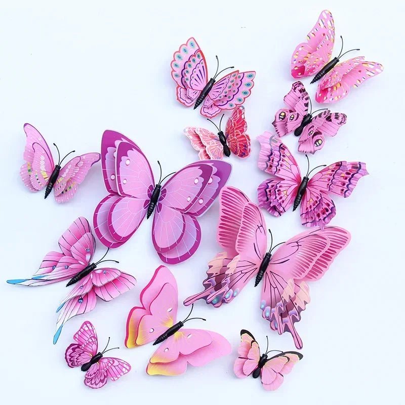 Storazone Pink - Magnet 12pcs 3D Double Layer Butterflies Wall Stickers Living Room Decor Wedding Kids  Decoration DIY  Art Magnet