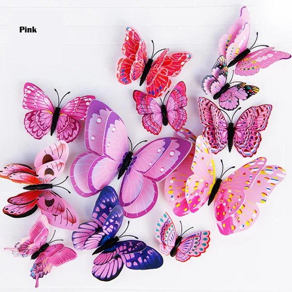 Storazone Pink New Style 12Pcs Double Layer 3D Butterfly Wall Stickers Home Room Decor Butterflies For Wedding Decoration Magnet Fridge Decals