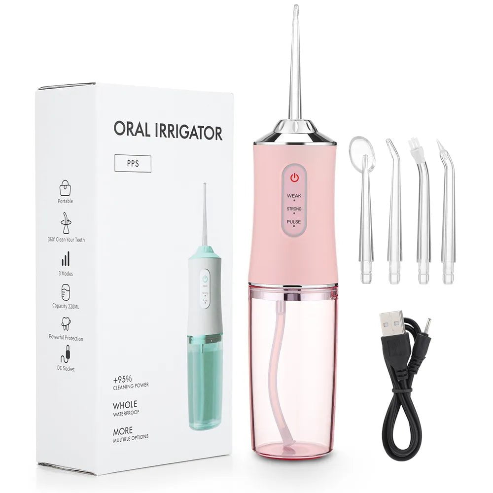 Storazone pink Oral Irrigator Portable Dental Water Flosser USB Rechargeable Water Jet Floss Tooth Pick 4 Jet Tip 220ml 3 Modes IPX7 1400rpm