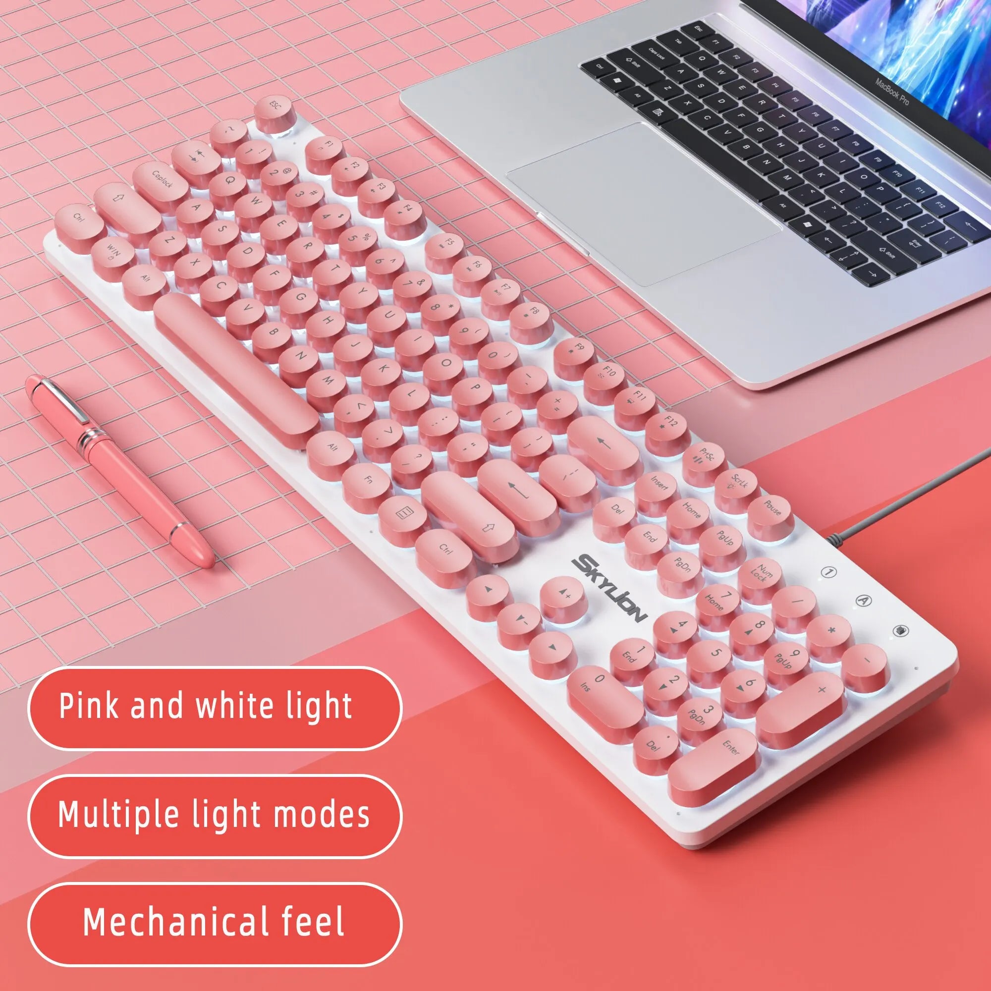 Storazone pink SKYLION H300 Wired 104 Keys Membrane Keyboard Many Kinds of Colorful Lighting Gaming and Office For Windows and IOS System