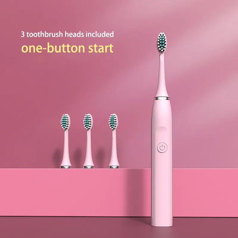 Storazone Pink Sonic Electric Toothbrush for Adults Children Ultrasonic Automatic vibrator Whitening IPX7 Waterproof 3 Brush Head battery type