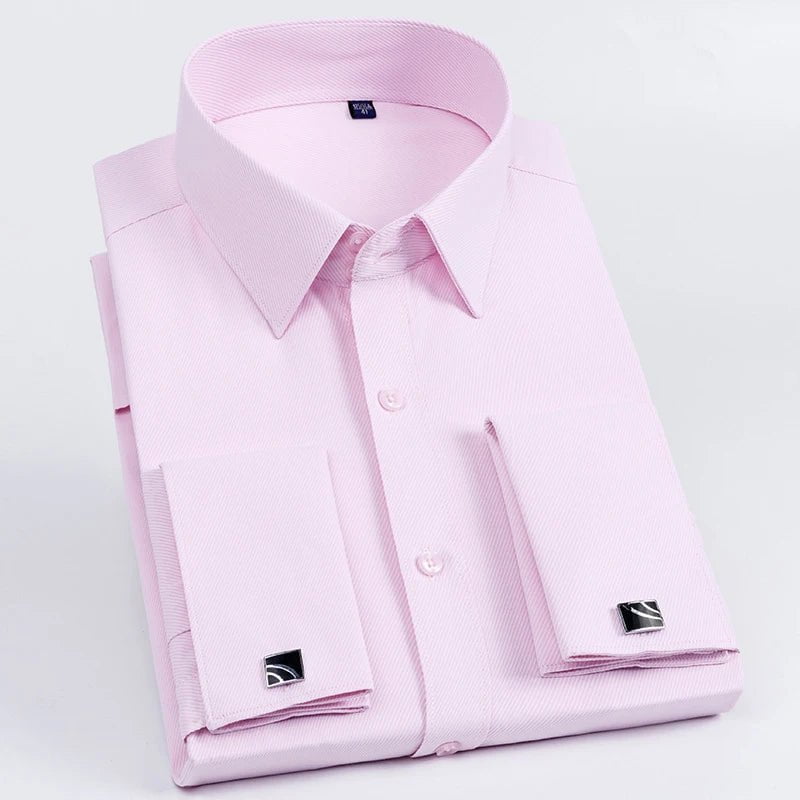 Storazone Pink Twill / 38 Men's French Cuff Dress Shirt Long Sleeve Slim Fit Tuxedo Shirts  with Cufflinks Poly/Cotton Double Button Collar