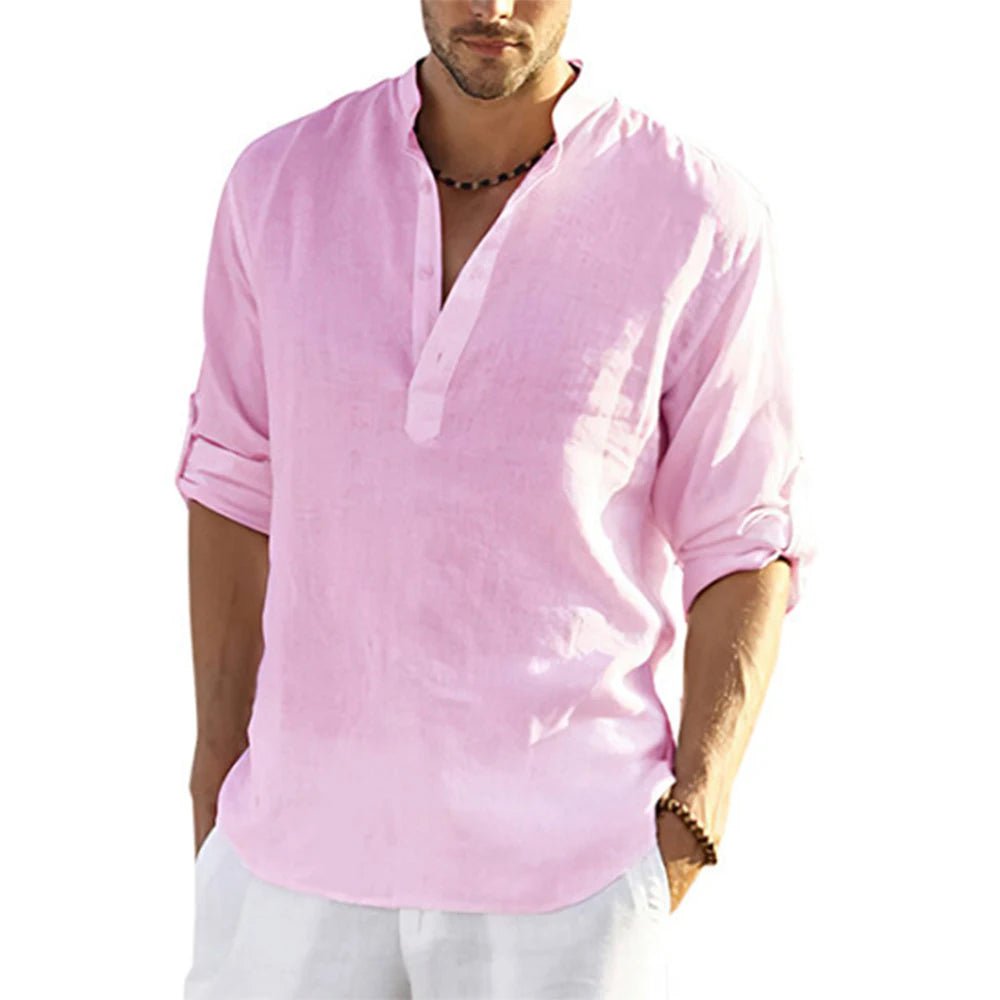 Storazone Pink / US L 70-80 KG 2022 New Men's Casual Blouse Cotton Linen Shirt Loose Tops Long Sleeve Tee Shirt Spring Autumn Casual Handsome Men's Shirts