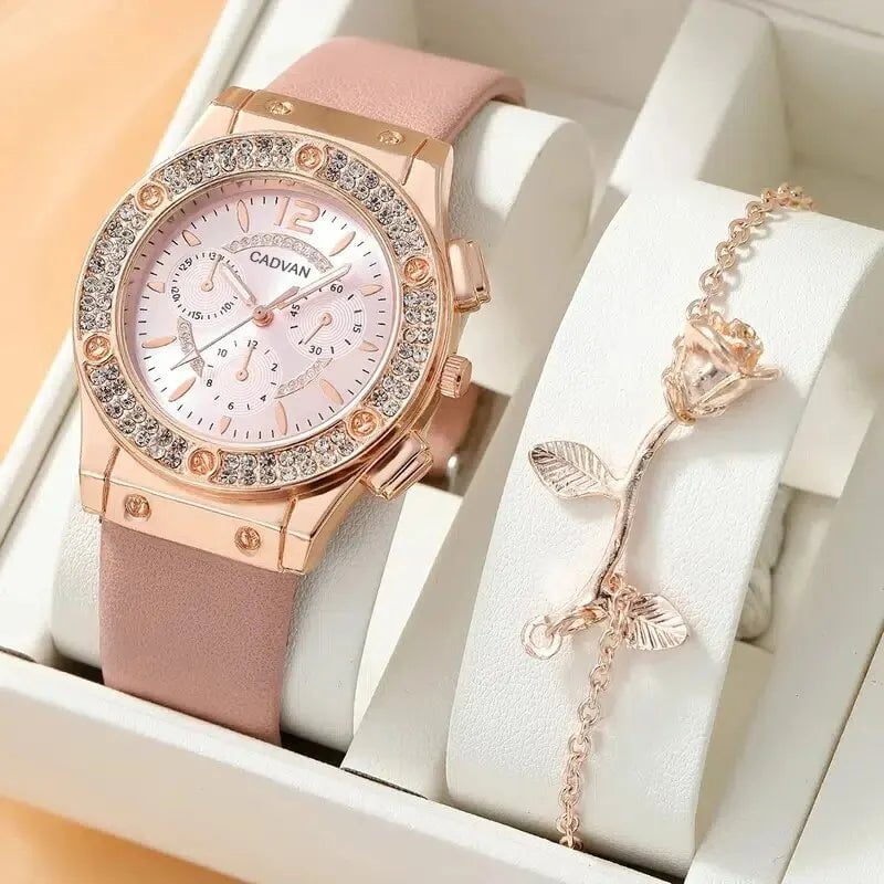 Storazone Pink Watches Set Luxury Rhinestone Women Fashion Elegant Wristwatch Quartz Watch For Girl Ladies Clock Relogio Feminino