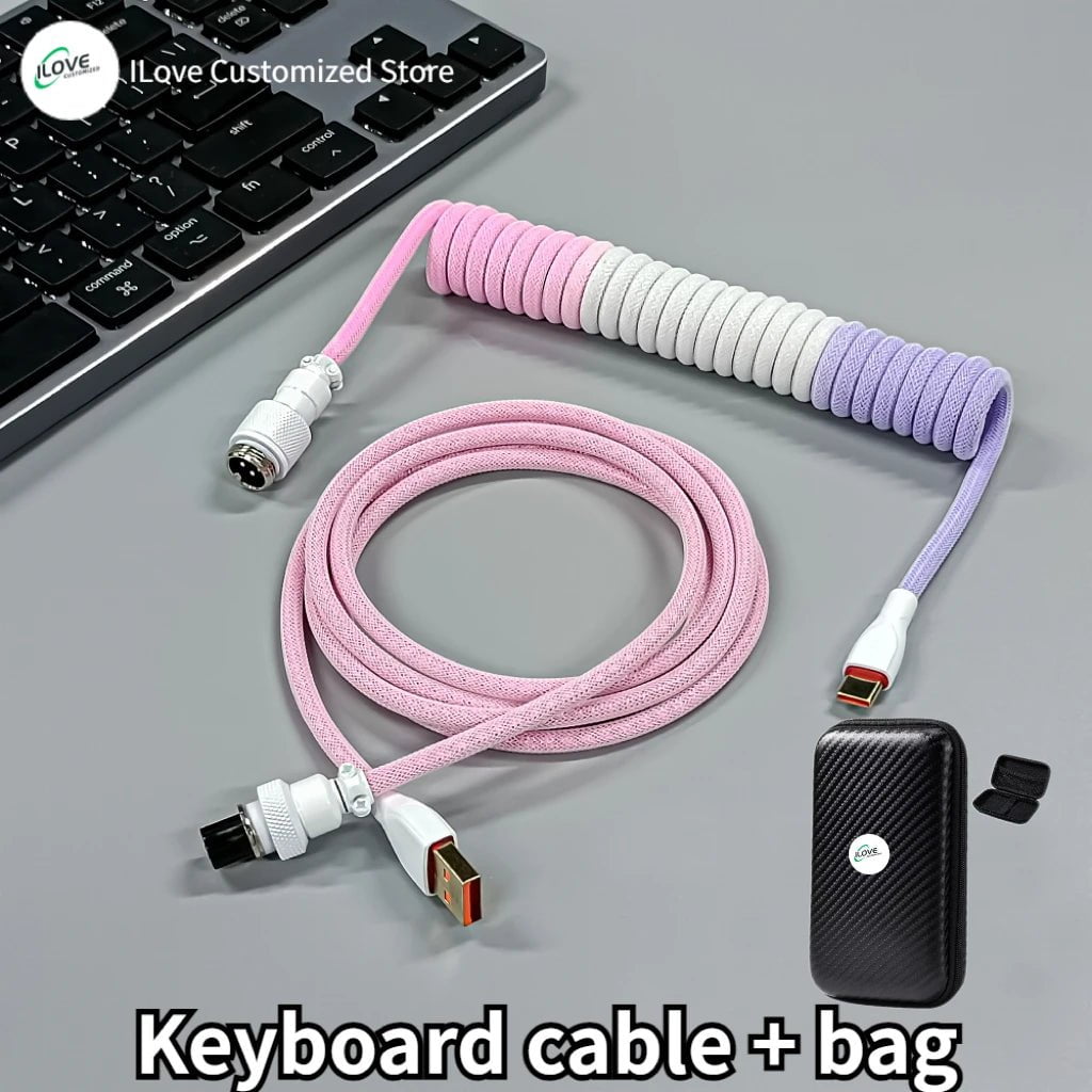 Storazone pink white purple / 1.8m Coiled Keyboard Cable USB C for Mechanical Gaming Keyboard Double-Sleeved Wire with Detachable Metal Aviator Connector Charging