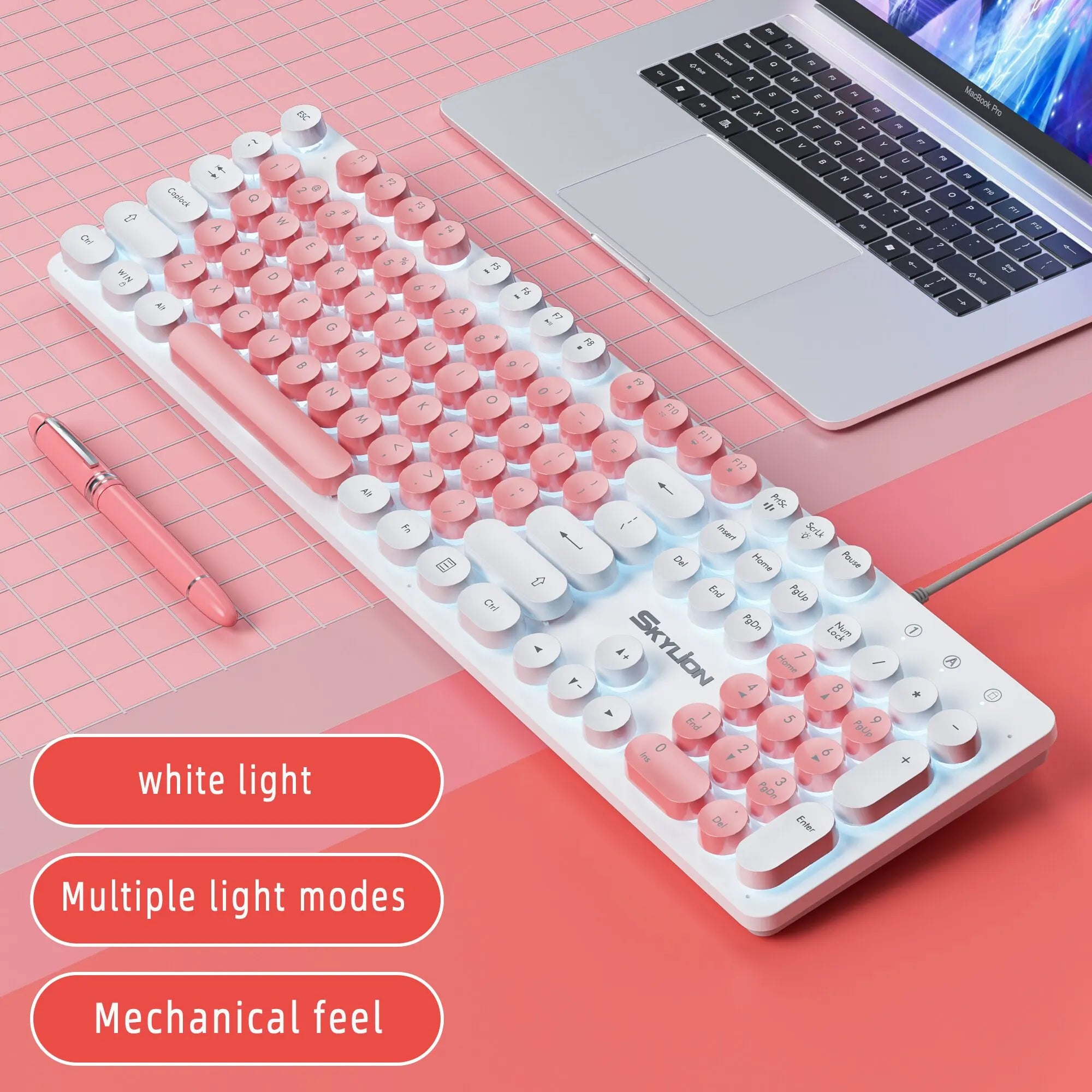 Storazone pink-white SKYLION H300 Wired 104 Keys Membrane Keyboard Many Kinds of Colorful Lighting Gaming and Office For Windows and IOS System
