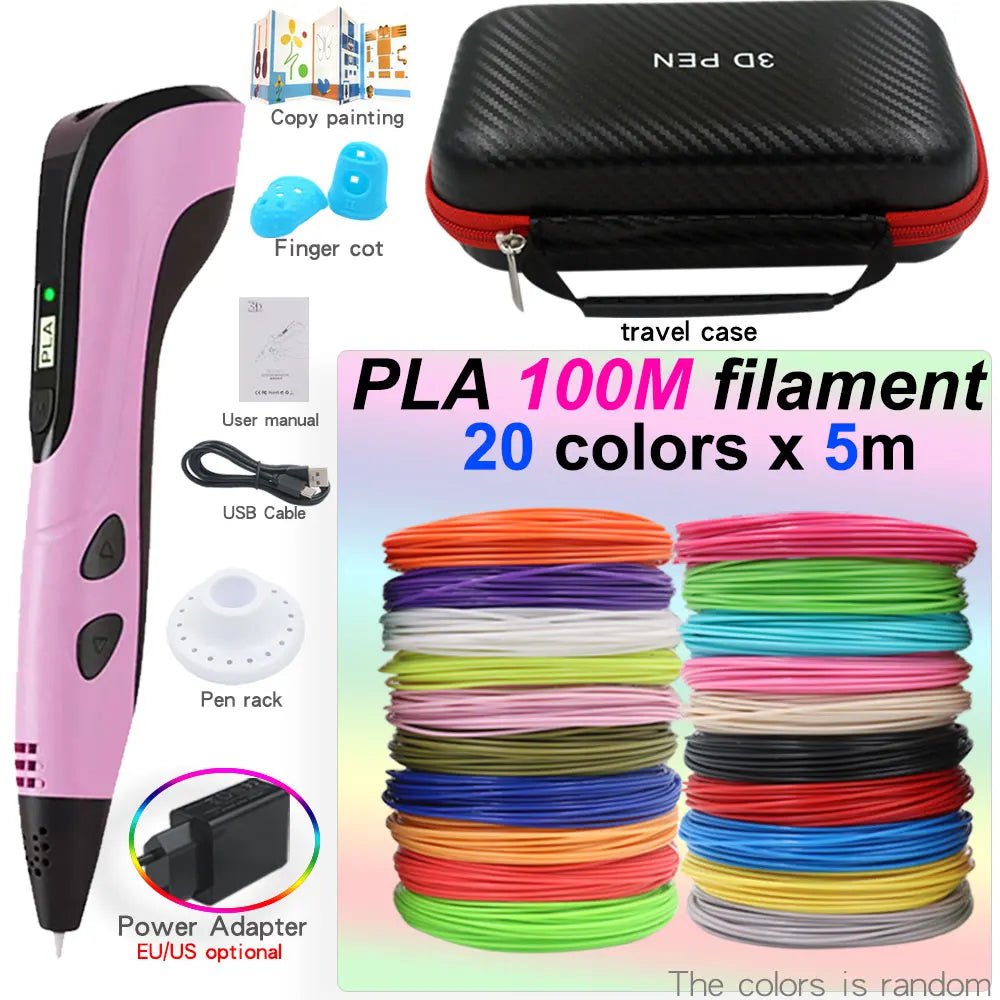 Storazone Pink with 100M PLA / us 3D Pen for Children 3D Printing Pen with LED Screen 200M PLA and Power Adapter and Storage Box Christmas Birthday Gift for Kids