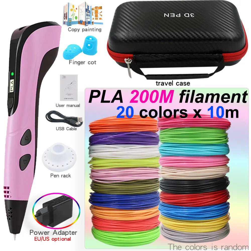 Storazone Pink with 200M PLA / us 3D Pen for Children 3D Printing Pen with LED Screen 200M PLA and Power Adapter and Storage Box Christmas Birthday Gift for Kids