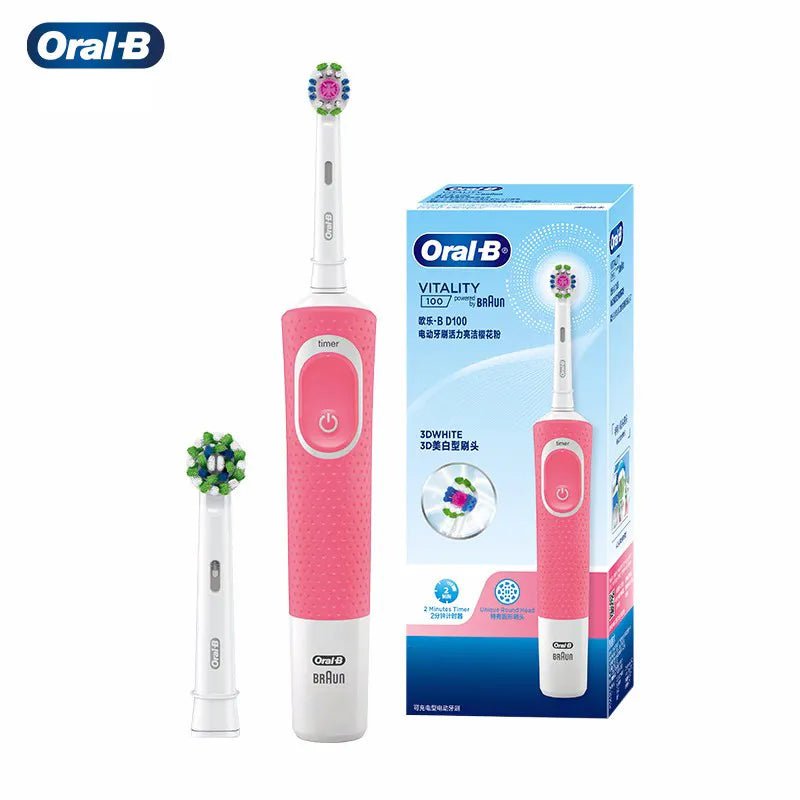 Storazone PINK with 2heads Oral B D100 Electric Toothbrush 2D Vitality Cleaning Teeth Brush Waterproof Electronic Teeth Brush Inductive Charger With Timer