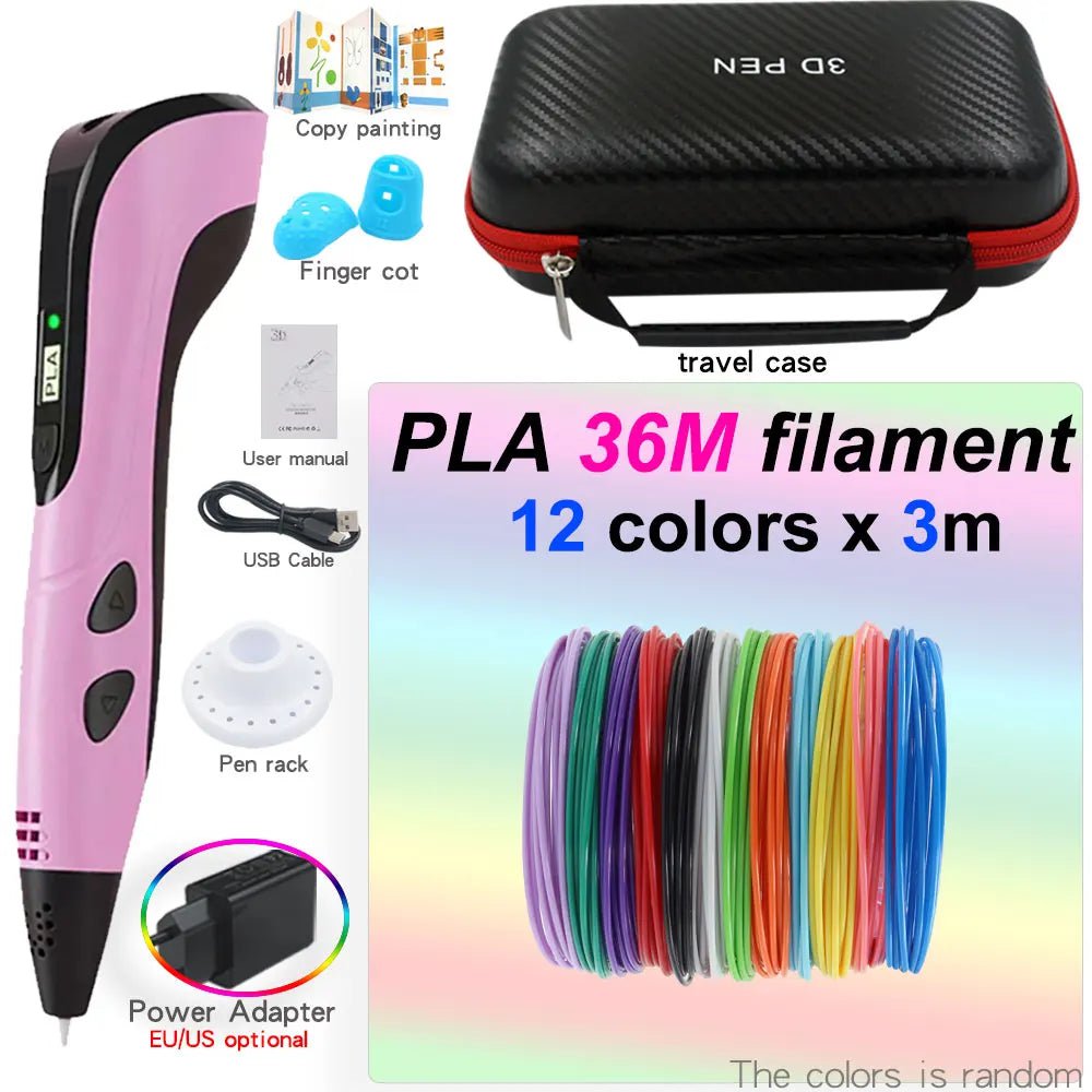 Storazone Pink with 36M PLA / us 3D Pen for Children 3D Printing Pen with LED Screen 200M PLA and Power Adapter and Storage Box Christmas Birthday Gift for Kids