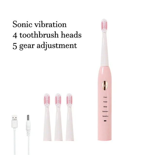 Storazone Pink with 4 Brush / CHINA Ultrasonic Sonic Electric Toothbrush For Adult Rechargeable Tooth Brushes Washable Electronic Whitening Teeth Brush Timer Brush